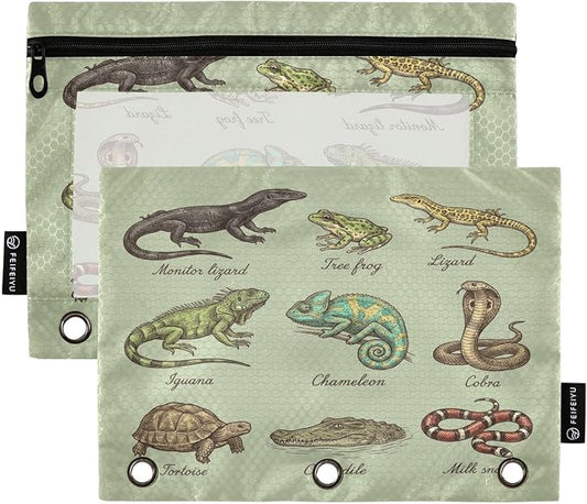 Green Animal Pencil Pouch for 3 Ring Binder 2 Pcs Pockets Pencil Pouches Bag with Clear Pencil Case Cosmetic Bag for Storing College Office Supplies