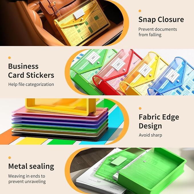 Plastic Expanding File Folder, Transparent Envelopes with Snap Closure | Large Capacity, No Dividers, Fit Letter/A4 Size for School/ Office / Home / Hospital, 3 Colors