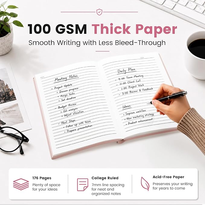 CAGIE Lined Journal Notebook for Men & Women,176 Pages A5 Medium Size, Softcover Leather Journals for Writing, College Ruled Notebook for Work & School, 100 GSM Thick Paper (5.7'' x 8.3'') (Pink)