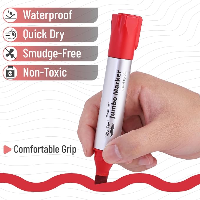 Mr. Pen- Jumbo Permanent Markers, 4 Pack, Red, Chisel Tip, Wide Tip, Large | Thick Permanent Markers for Canvas, Posters Board, Fabric, Window, Glass, Wood, Waterproof, Quick Dry