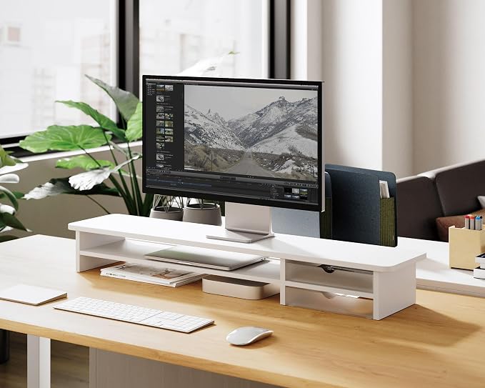 Fenge Monitor Stand, Dual Monitor Riser, 42.5inch Large Desk Computer Monitor Stand Riser with Drawer, 2 Tier Wood & Acrylic Desktop Organizer for Computer, Laptop, Printer, TV Screen Riser