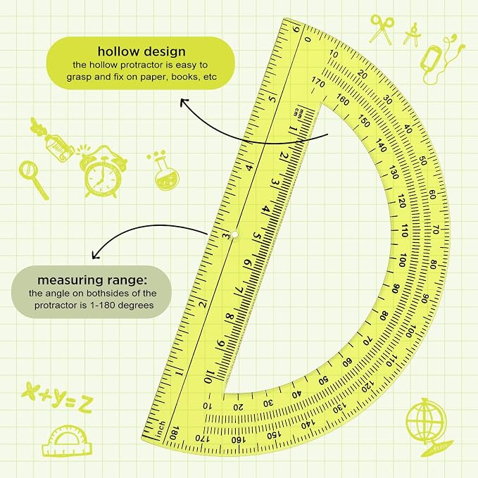 Zonon 2 Pcs 12 Inch Clear Ruler and 6 Inch Plastic Protractor Set, Dual Scale Inch/Cm Math Geometry Measuring Tools for Back to School Students Teachers Classroom Office Drafting Use(Yellow)
