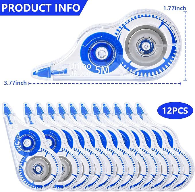 Unjoo White Correction Tape, For school, Office, 12pack, 5M/196"x0.2",Blue | Easy To Use Applicator for Instant Corrections Wrong Writing At Any Time, Tear-Resistant Correction tape Bulk