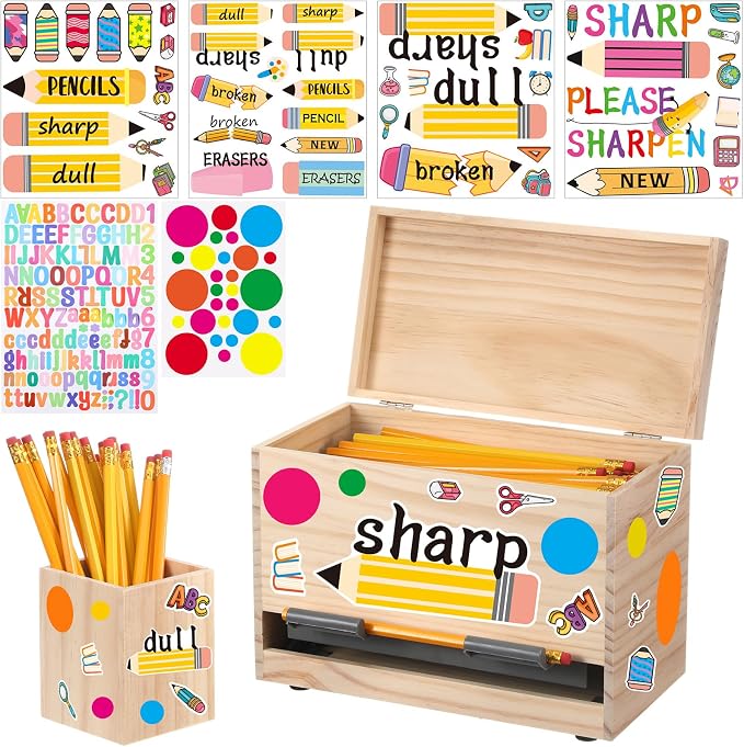 Mifoci 8 Pcs Wooden Pencil Dispenser Kit for Classroom Wooden Pen Holder Straw Dispenser Sharp and Dull Letter Stickers for Teachers Classroom Supplies Storage (Wood)