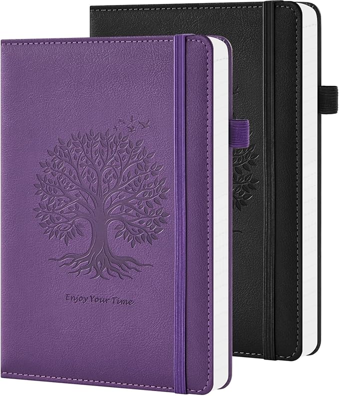 2 Pack Journal Notebook for Women Men, 160 Pages per Pack, A5 (5.7'' x 8.4") Hardcover Journaling Notebook College Ruled for Writing Work, 100GSM Paper, Black & Dark Purple, School Office Supplies
