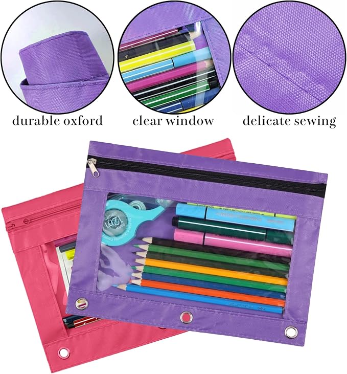 3-Ring Pen Pencil Pouch with Clear Window Stationery Bag Binder Case Classroom Organizers Purple