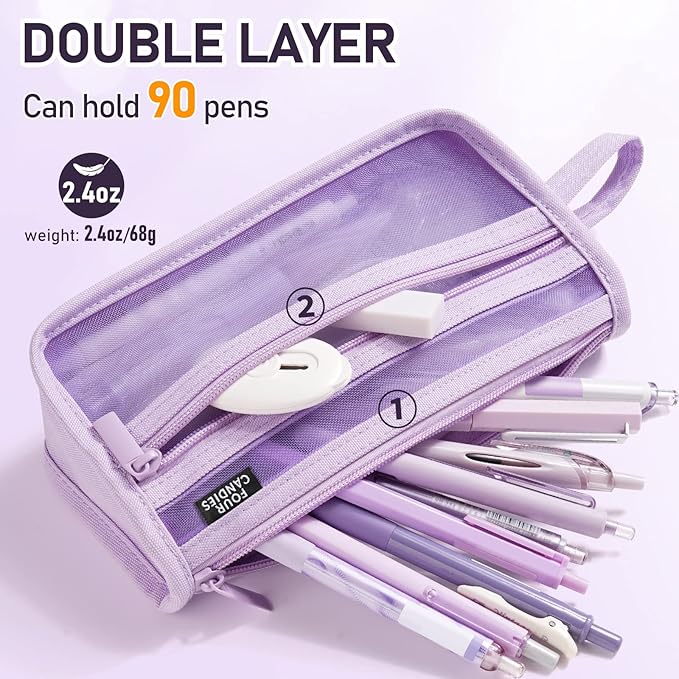 Four Candies Grid Mesh Pencil Case with Handle and Zipper, Clear Double-layer Pencil Pouch Marker Pouch, Travel Makeup Bag, Cute Transparent Stationary Organizer Pen Bag for Adult Office College