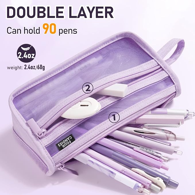 Four Candies Grid Mesh Pencil Case, Double-Layer, Clear, with Handle | Cute Stationary, Marker Organizer, Makeup Bag, Transparent Mesh, Smooth Zipper, Travel Friendly, for Adult Office College