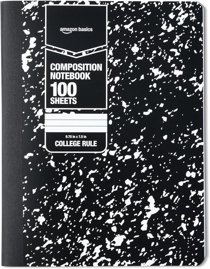 Amazon Basics Composition Notebook, College Ruled, 100 Sheets, 9.75" x 7.5", Marble Black, Sturdy Cover