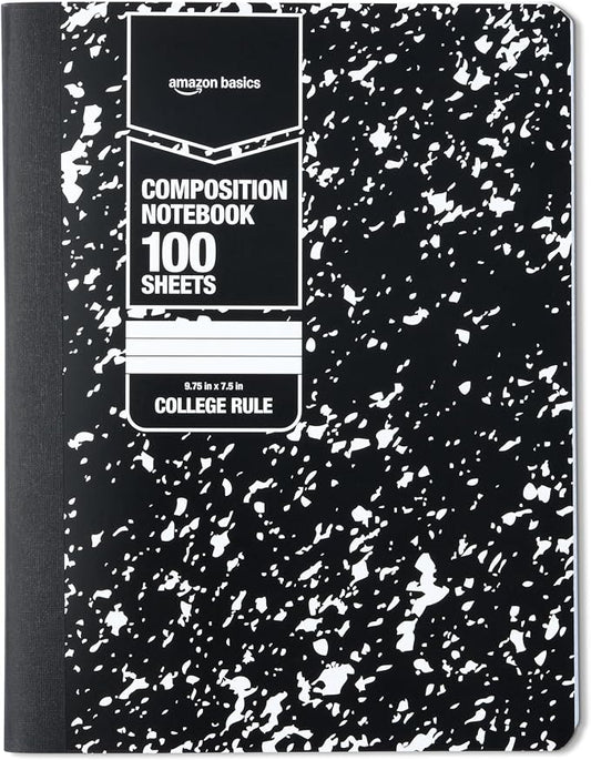 Amazon Basics Composition Notebook, College Ruled, 100 Sheets, 9.75" x 7.5", Marble Black, Sturdy Cover