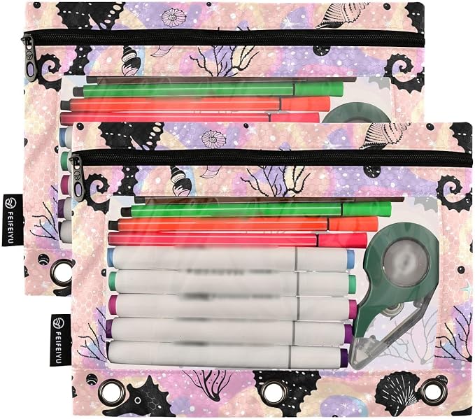 Seahorse Star Coral Seashells Pencil Pouch for 3 Ring Binder 2 Pack Zipper Binder Pencil Bag Case with Clear Window Office School Supplies