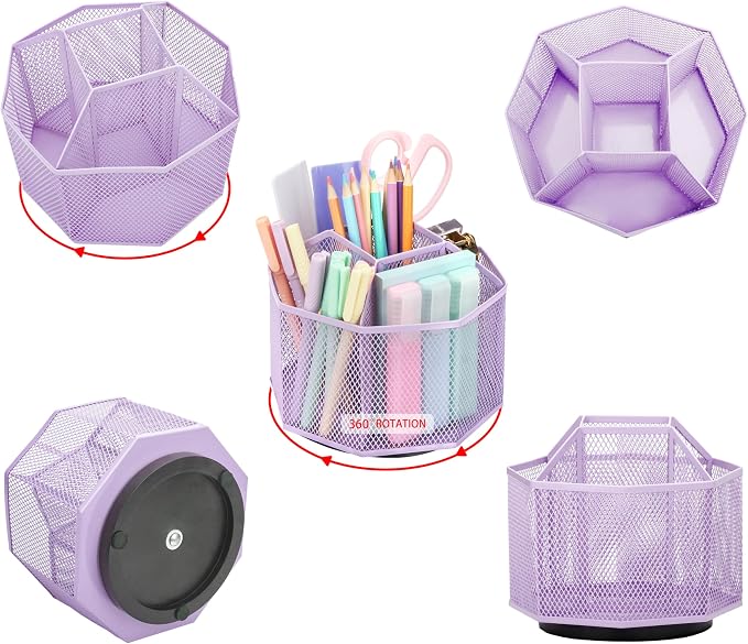 Exerz Desk Organizer 360 Rotating Pen Holder Storage Caddy Light Purple | Smooth Spinning Base With Open Mesh Sections Easy Access To Pens Brushes Scissors Daily Desk Tools