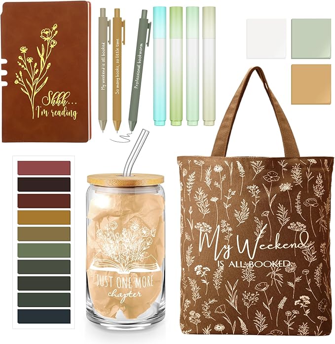 Havawish 14 Pcs Book Lovers Gift for Women 16 oz Glass Cup Tote Bag A6 Journal Notebook Pens Highlighters Sticky Notes Back to School Teacher Librarian Bookish Book Club(Brown,Aesthetic)