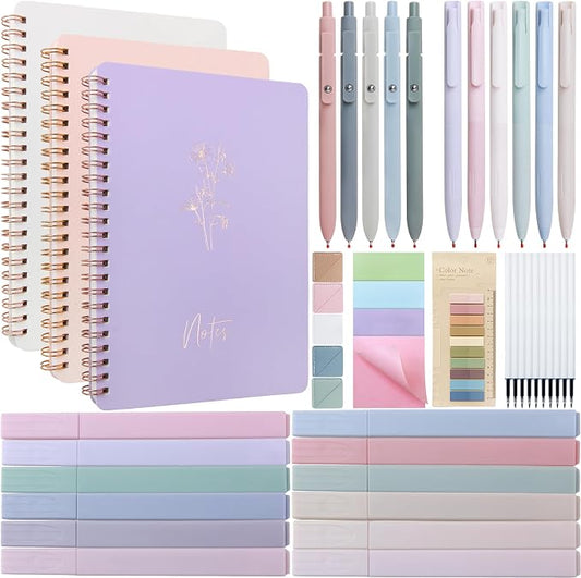 Tuhangcc 47PCS Aesthetic School Supplies, Cute Stationary Set Unique Color A5 Spiral Notebooks Highlighters, Sticky Notes & Bookmark Sticky Index Tabs 5 Gel Pen for Work Office Supplies (Purple)