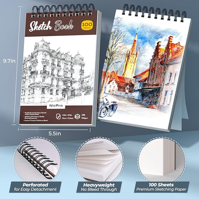 Nicpro 58 PCS Art Drawing Supplies Kit in Leather Case, Art Mechanical Pencil Set with Metal Drafting Pencil 0.3 & 0.5 & 0.7 & 0.9 & 2mm, 12 Micron Pen, Sketch Book, 30 Tube Lead Refills for Sketching