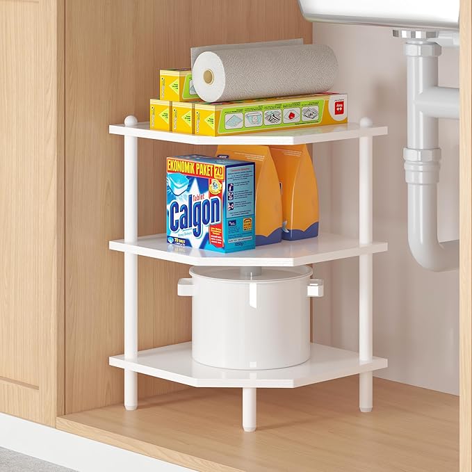 Corner Shelf Stand for Desk - 90° Corner Design to Free Up Desktop | Easy to Assemble 3-Tier Vertical Storage 15 lb Per Shelf 6.7 in Clearance for Books Coffee Mugs Supplies on Office Desks