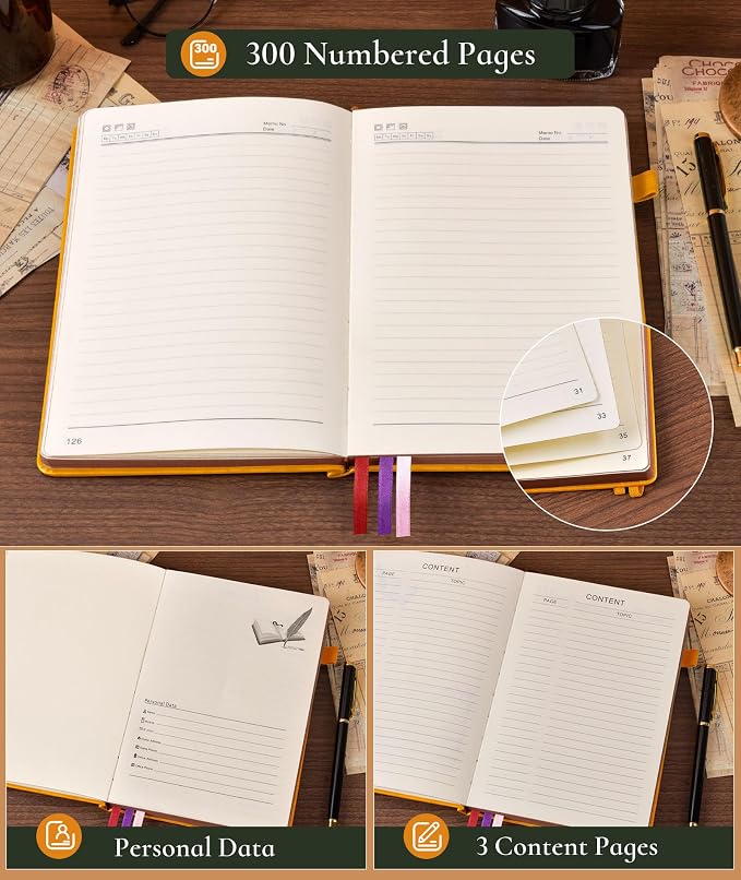 PAIBAS Vintage Leather Journal with 300 Numbered Pages,B5 Lined Journal for Men Women,Daily Journals for Writing,College Ruled Notebook for Work,School,Note taking,Travel Diary,Large (7" x 10")