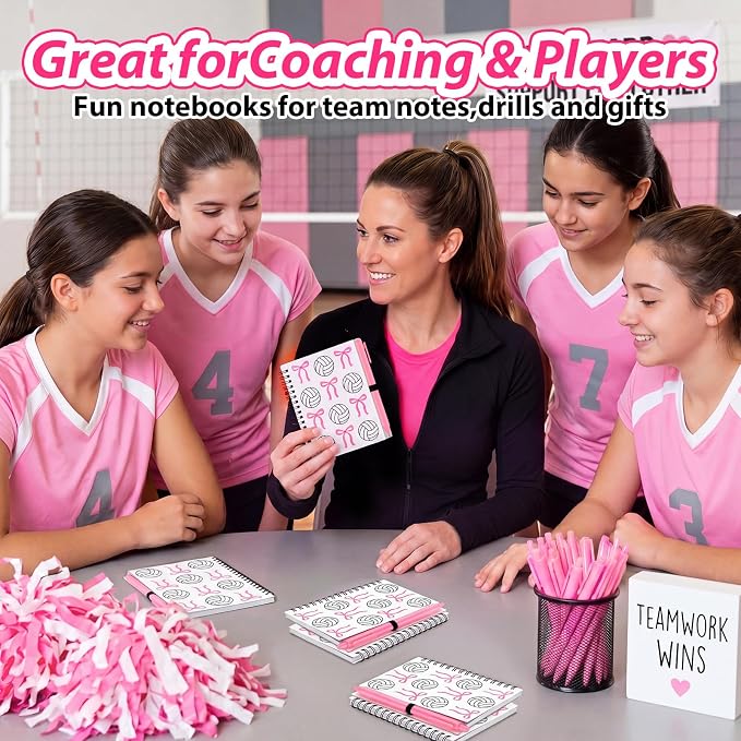 Engrowtic 20 Set Pink Volleyball Gifts, Volleyball Bow Notebooks with Pens Bulk Spiral Pocket Notebooks Lined Journal with Pink Pens Gifts for Team Players Christmas Coach Cheerleader