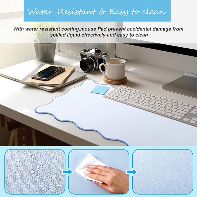 Hahafelt Scalloped Desk Mat Large Desk Pad Cute Coquette Table Mat Back to School Preppy Table Make up Pad Nonslip Graduation Gift with Stitching Waterproof Gaming(Blue,31.5 x 15.8 Inches)