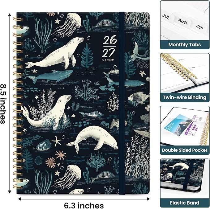 Planner 2026-2027, Academic Year Monthly and Weekly Calendar Planner, Jul 2026 - Jun 2027, Hardcover Teacher Student Planning Agenda book with Tabs, Perfect for School Office Supplies, 6.3" x 8.5" - Secret Sea