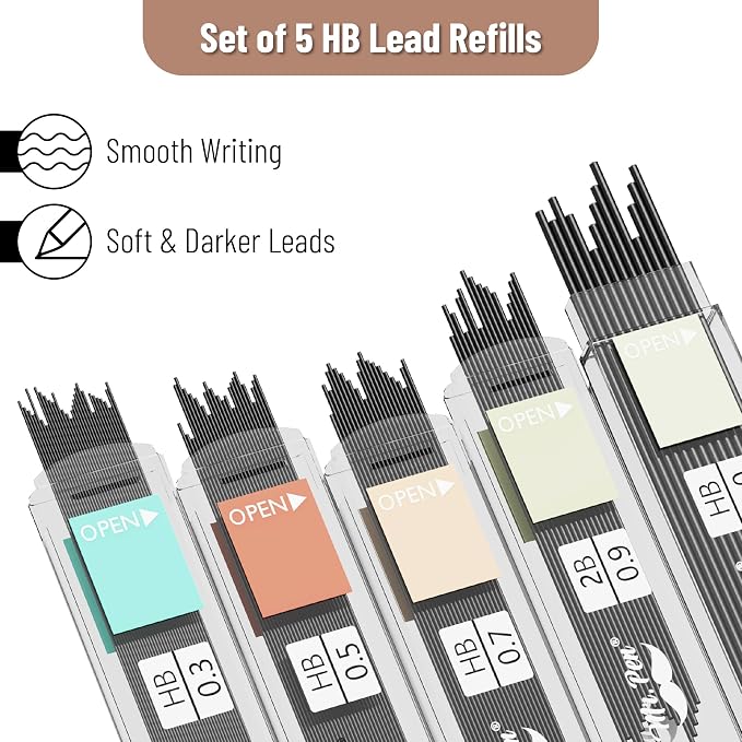 Mr. Pen- Art Mechanical Pencil Set, 5 Metal Mechanical Pencils (0.3, 0.5 | 0.7, 0.9, 2.0mm), 5 HB Lead Refills & 10 Eraser Refills, Precision Drawing Pencils for Sketching, Writing & Technical Artwork