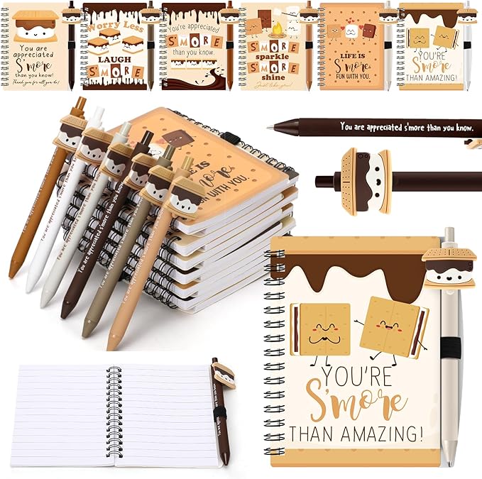 Tenceur 12 Sets S'more Back to School Gifts Bulk Inspirational Appreciation Marshmallow Spiral Notepad and Pen Set Coworker Thank You Gift for Teacher Employee Nurse Staff Team Office Party Favors