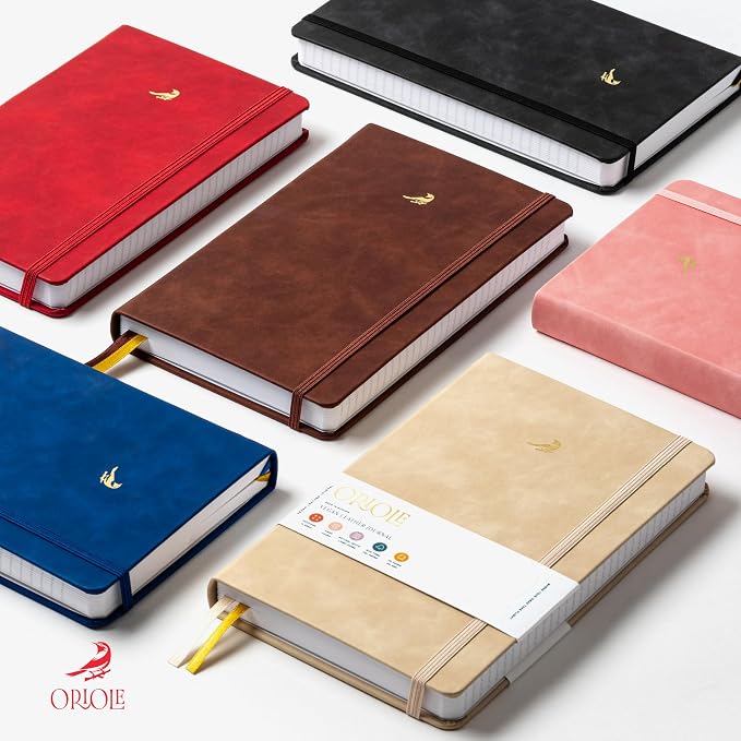 Oriole Vegan Leather Ruled Notebook - Cherry Red | 176 Pages of Thick Lined Paper | Soft Touch Hardcover Journal (5 x 8 in) with Gold Foil Bird Design & Luxury Gift Box