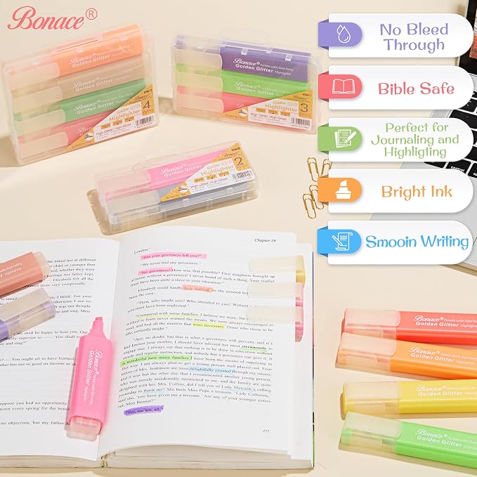 24 Glitter Highlighters, Metallic Chisel Tip Marker Pens | Pastel & Fluorescent Colors | Quick-Dry for Notes, Planners & DIY Crafts