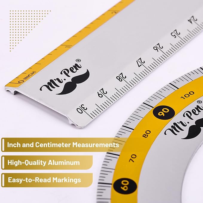 Mr. Pen- Metal Geometry Kit, 4 Pack, 45° & 30°/60° Set Squares | 6" Protractor & 12" Ruler, Durable Metal Drafting Tools for Technical Drawing, Math, Engineering & Architecture