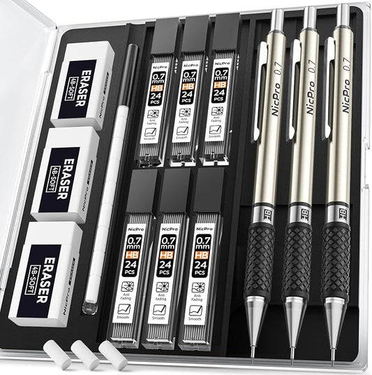 Nicpro 0.7 mm Art Mechanical Pencil Set in Storage Case, 3 PCS | Metal Drafting Pencil Lead Pencil+6 Tube HB Lead Refill, 12 Eraser, Comfort Grip For School Writing, Artist Drawing Sketching