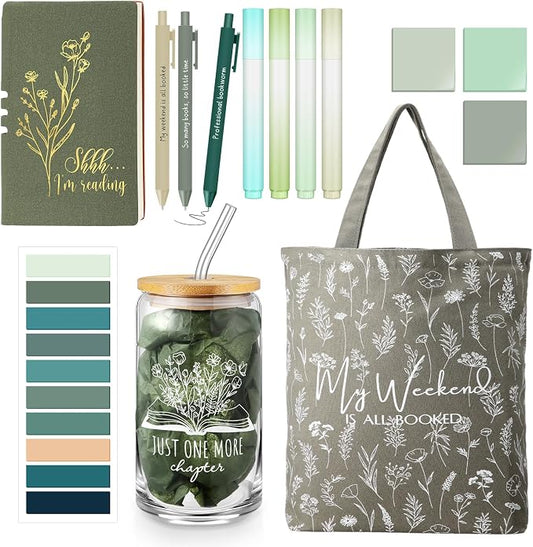 Havawish 14 Pcs Book Lovers Gift for Women 16 oz Glass Cup Tote Bag A6 Journal Notebook Pens Highlighters Sticky Notes Back to School Teacher Librarian Bookish Book Club(Light Green,White Flowers)