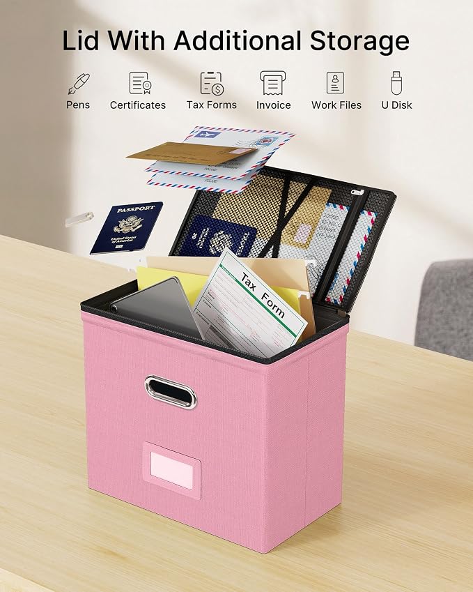 Oterri File Box Small 1-Pack Mesh Pockets Hanging Organizer for Letter-Size | Dustproof Lid. 3 Mesh Pockets. Collapsible Scratch-Resistant GRS Linen. Slide Rails. Office, Home, Dorm