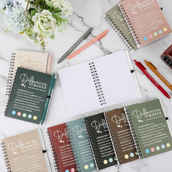 Resurhang 25 Sets Difference Maker Employee Appreciation Gift Bulk Inspirational A6 Spiral Notebook Journal Ballpoint Pens for Teacher Volunteer Coworker Team Back to School (Warm Colors)