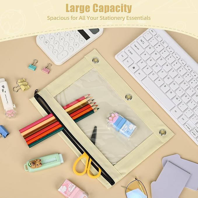 Lanpn Pencil Pouch for 3 Ring Binder 6 Pack, Aesthetic Binder Pen Bags with Zipper, 3 Holes Pencil Pouches Organizer for Boy Girl Kids School Student, Reinforced Grommets & Clear Window, Beige