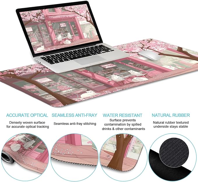 LIMKRIAN Anime Cat Mouse Pad with Wrist Rest, Pink Desk Mat Set for Women | Ergonomic Wrist Support, Gaming Mat Wrist Rest Computer Keyboard, Coaster, Cute Kawaii Office Desk Decor Accessories