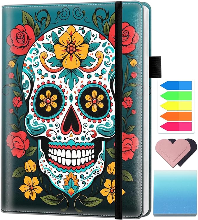 A5 Leather Lined Journal Notebook, 200 Pages Hardcover Executive Notebook for Men Women Office School Note Taking, Thick Writing Paper Daily Journal with Bookmarks/Indexes, Cute Sugar Skull
