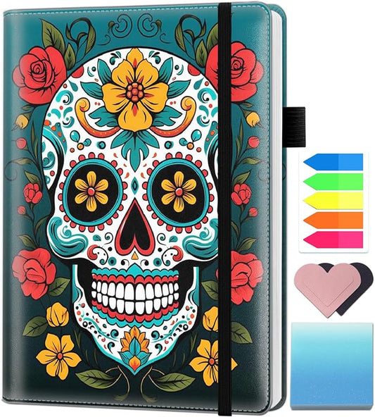 A5 Leather Lined Journal Notebook, 200 Pages Hardcover Executive Notebook for Men Women Office School Note Taking, Thick Writing Paper Daily Journal with Bookmarks/Indexes, Cute Sugar Skull