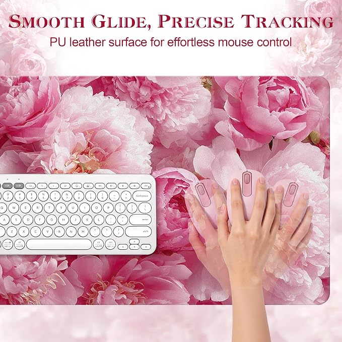 Desk Mat, 31.5 x 15.7 in, Pink Peony Floral PU Leather | Keyboard and Mouse Pad, Non-Slip Base, Waterproof, Easy Clean, Office Gaming Computer Protector