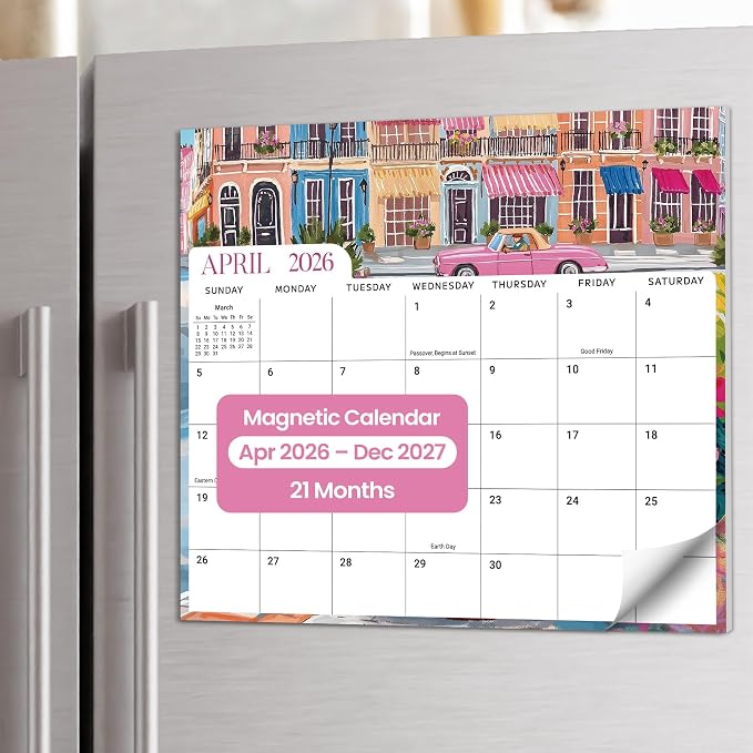 Aesthetic 2026-2027 Magnetic Calendar for Refrigerator, 21-Month Fridge Calendar Magnet from April 2026 to December 2027, Easy Organizing, Colorful City