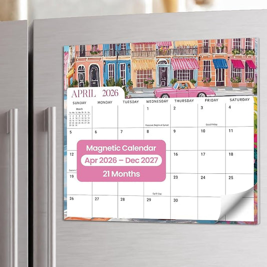 Aesthetic 2026-2027 Magnetic Calendar for Refrigerator, 21-Month Fridge Calendar Magnet from April 2026 to December 2027, Easy Organizing, Colorful City