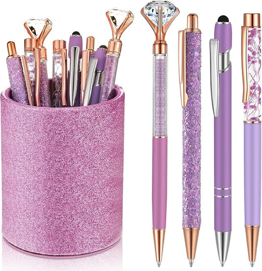 Sabary 8 Pcs Violet Pens with Pen Holder for Desk Glitter Crystal Diamond Cute Ballpoint Fancy Pencil Holder Bling Desk Organizer for Women Girls School Office Supplies Wedding Graduation Gifts