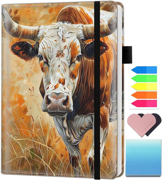A5 Leather Lined Journal Notebook, 200 Pages Hardcover Executive Notebook for Men Women Office School Note Taking, Thick Writing Paper Daily Journal with Bookmarks/Indexes, Cow Watercolor