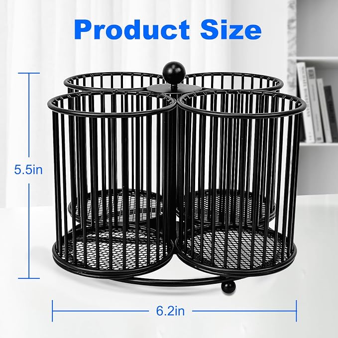 360 Rotating Pen Holder - Large Pencil and Marker Organizer with 4 Slots - Desk Caddy Accessories for School, Office, Home (Black)