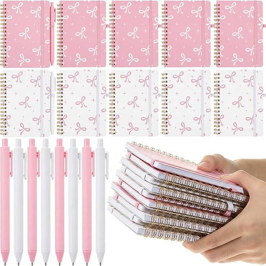 Fulmoon 24 Set Pink Bow A6 Spiral Notebook with Ballpoint Pens 50 Sheets, 4"x 6" Small Bow College Ruled Notepads Journaling Notebooks Bulk for Back to School Supplies Offices Team Coquette Gifts