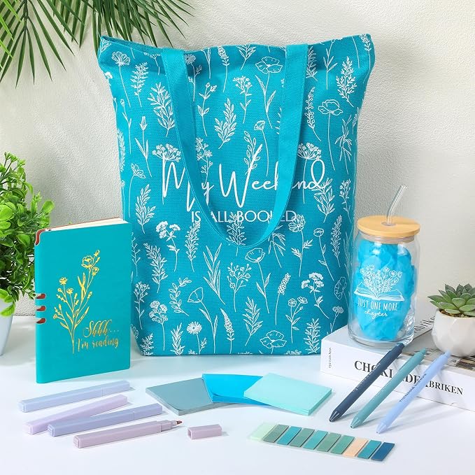 Havawish 14 Pcs Book Lovers Gift for Women 16 oz Glass Cup Tote Bag A6 Journal Notebook Pens Highlighters Sticky Notes Back to School Teacher Librarian Bookish Book Club(Greenish Blue,Aesthetic)