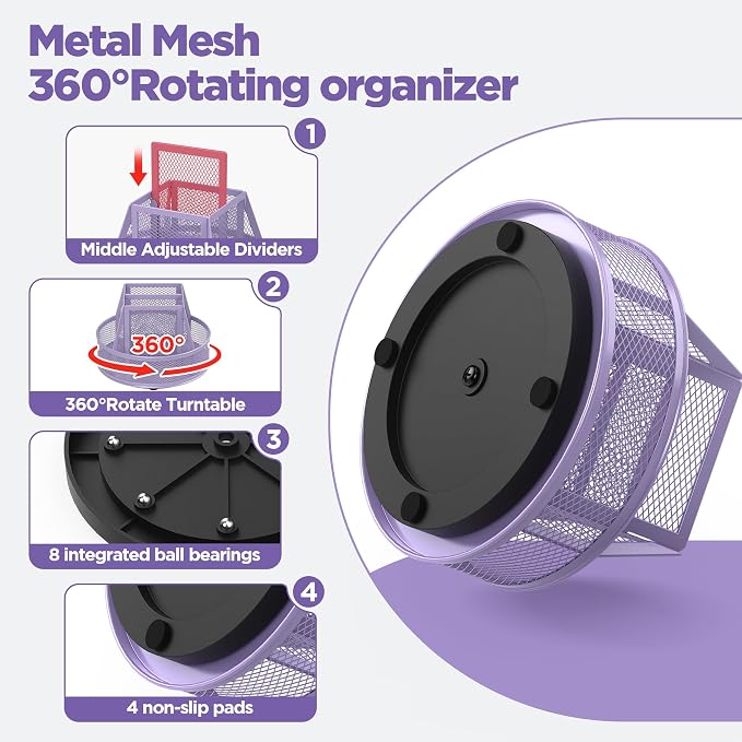 Docnest 360°Rotating Mesh Desk Organizer,6-Compartment Pen Holder,Purple | Heavy-duty metal holder with removable divider. Space-saving stationery storage for pencils, scissors & markers