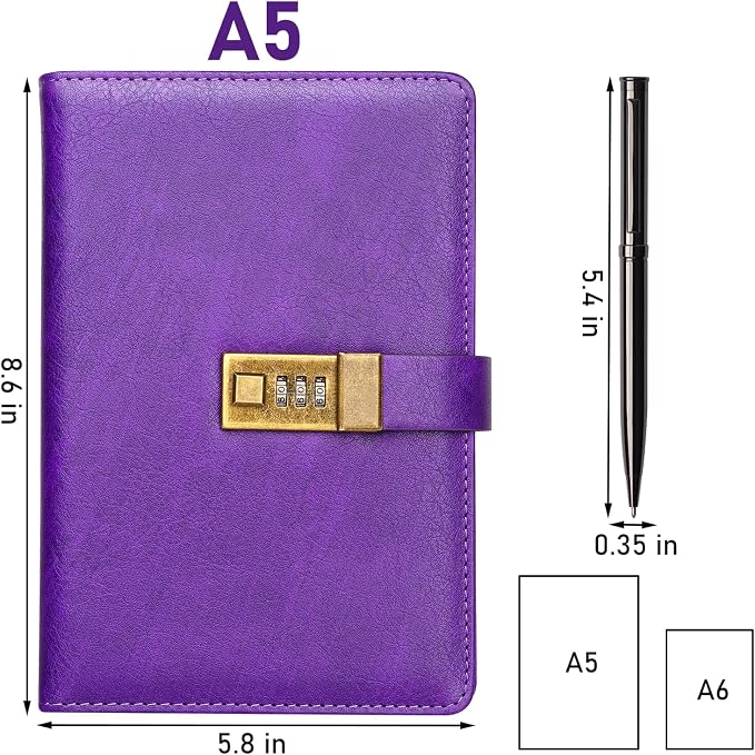 WEMATE Diary with Lock, A5 PU Leather Journal with Lock 240 Pages Purple | Vintage Lock Journal Password Notebook with Pen & Gift Box, Lock Diary Planner Organizer for Men and Women, 8.6x5.8in