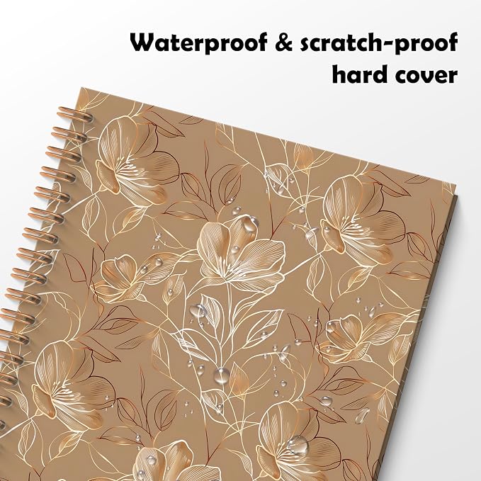 Boho Abstract Floral Spiral Notebook, Gold Brown Luxury Botanical Journal, Neoclassical Modern Hand-drawn Flower Hardcover Notebook Journal, 5.5x8.3 Inch