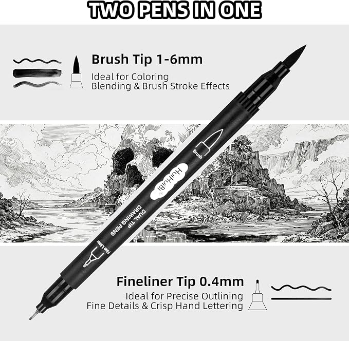 Dual Tip Black Drawing Pens,10 Pack Black Markers for Coloring,Dual Brush Pens with Fine Tip Markers for Art Drawing Sketching Calligraphy