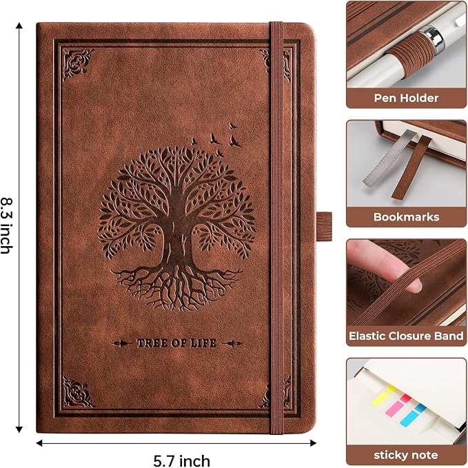 AHGXG Graph Grid Paper Notebook, 192 Pages, A5 Medium Size (5.7'' x 8.3'') | 5 Squares per Inch, Leather Hardcover, 100 GSM Thick Paper, for School, Students, Math, Engineering (Brown)